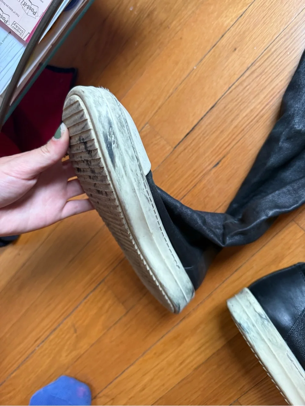 Rick Owens Black Over-the-Knee Leather Boots with White Toe Cap